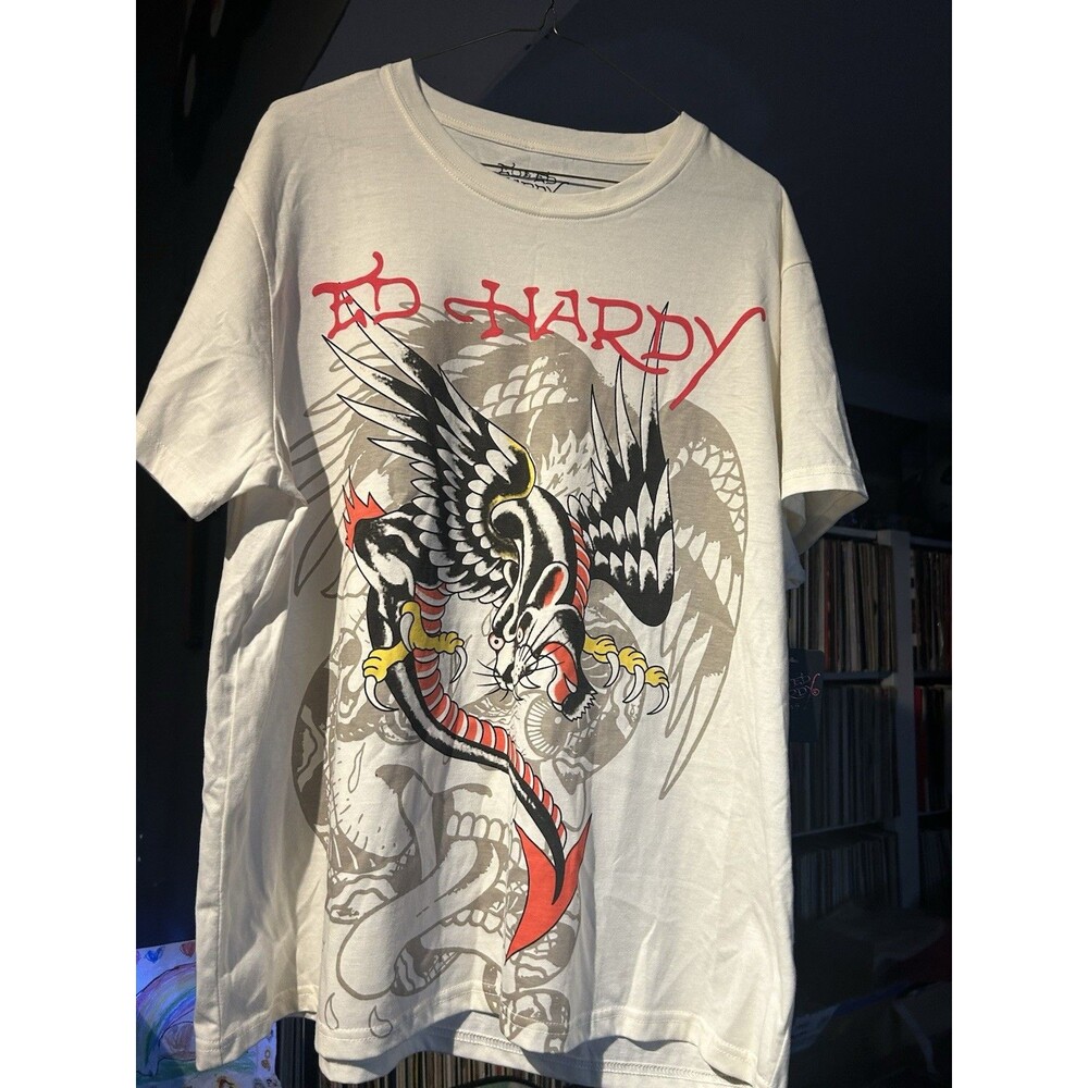 Ed Hardy Men's XL Ivory T-Shirt - Graphic Print Winged Animal Panther - NWT